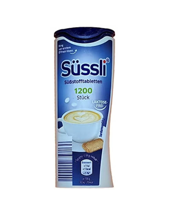 Suessli German Sweetener Tablets 1200pcs in Dispenser - Lactose Free Recipe - Imported from Germany