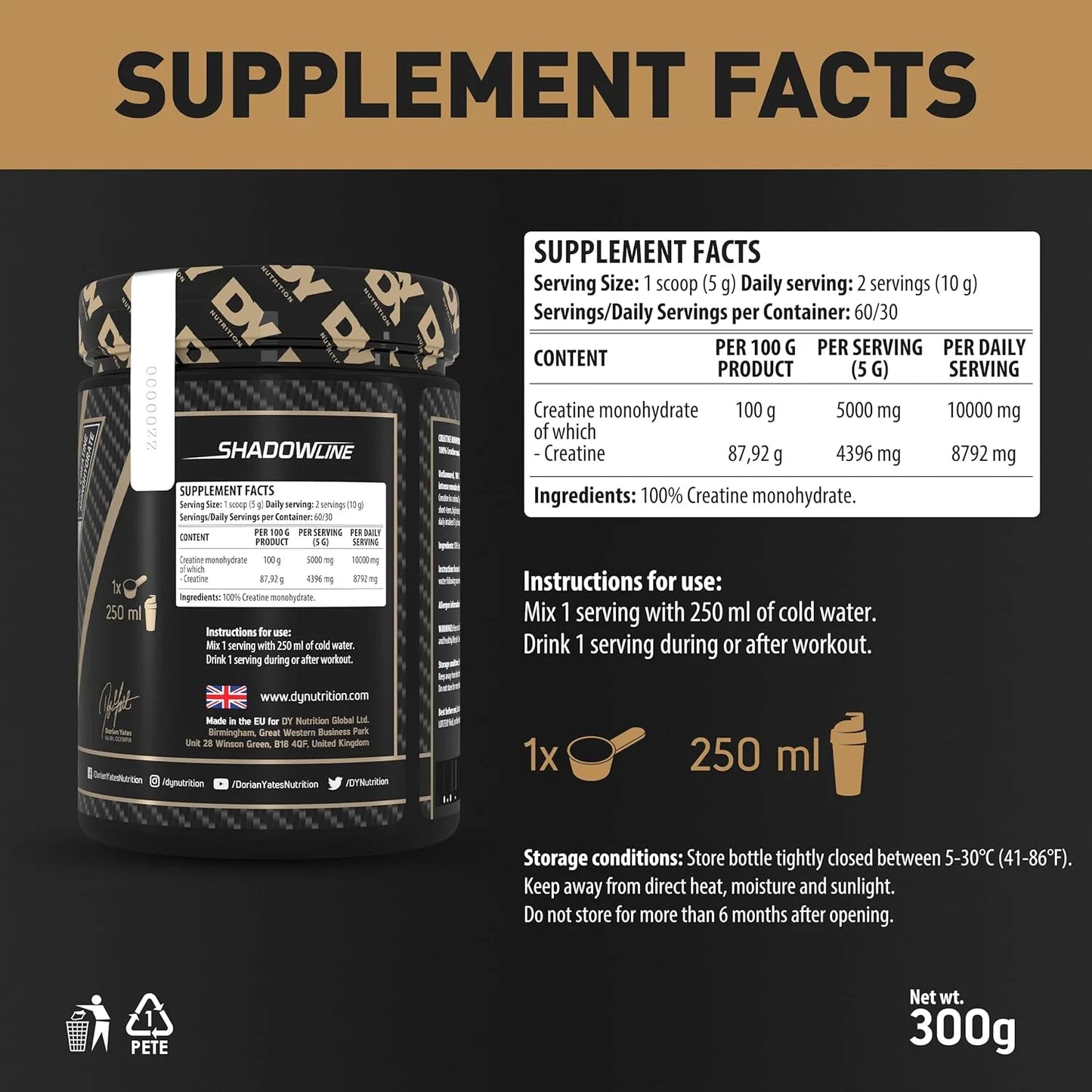 Dorian Yates Nutrition Creatine Monohydrate | 100% Pure Powder 60 serving