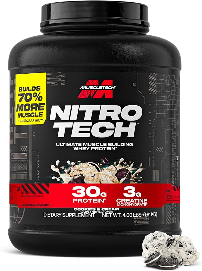 Muscletech Whey Protein Powder (Cookies & Cream, 4 Pound) Nitro Tech Ultimate Muscle Building Formula with Whey Protein Isolate - 30g of Protein, 3g of Creatine & 6.8g of BCAA