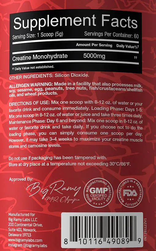 Big Ramy Labs RedRex Creatine 5000 MG - Monohydrate - 60 Serving RED REX